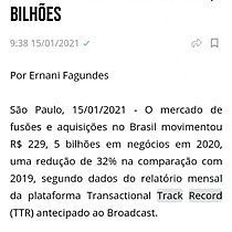 TTR: Volume movimentado em fuses e aquisies recuou 32% em 2020, a R$ 229,5 bilhes